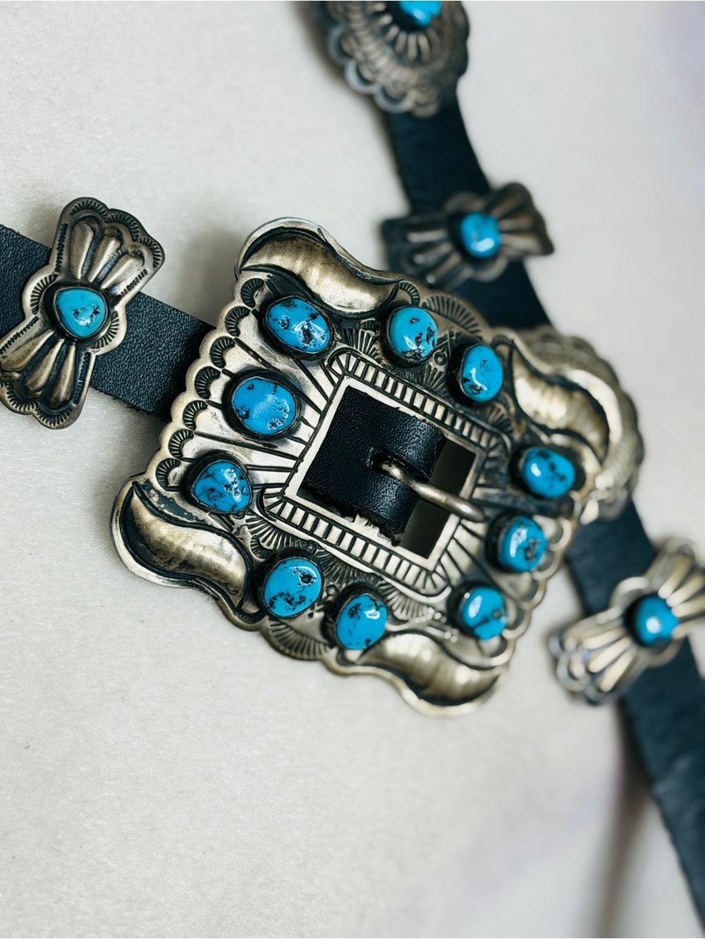 Vintage Sterling Silver Turquoise Navajo Style Concho Belt Stamped JE - Picture 2 of 9